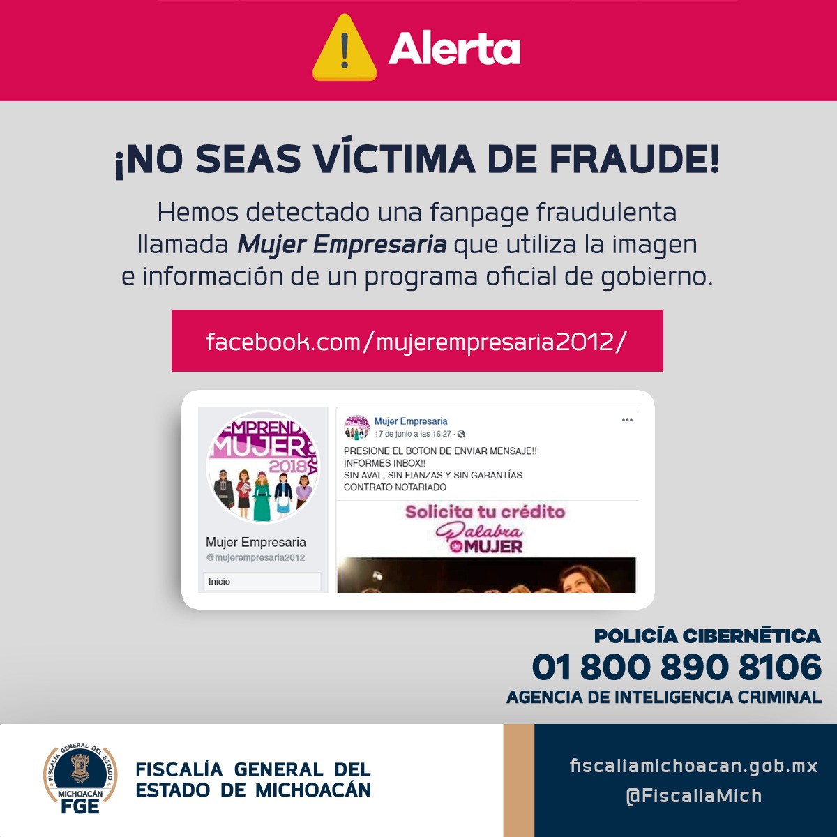  Alerta FGE por Fanpage “Mujer Empresaria” relacionada con hechos delictivos
