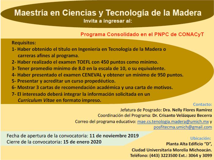  Abierta convocatoria para Maestría en Ciencias y Tecnología de la Madera en la UMSNH