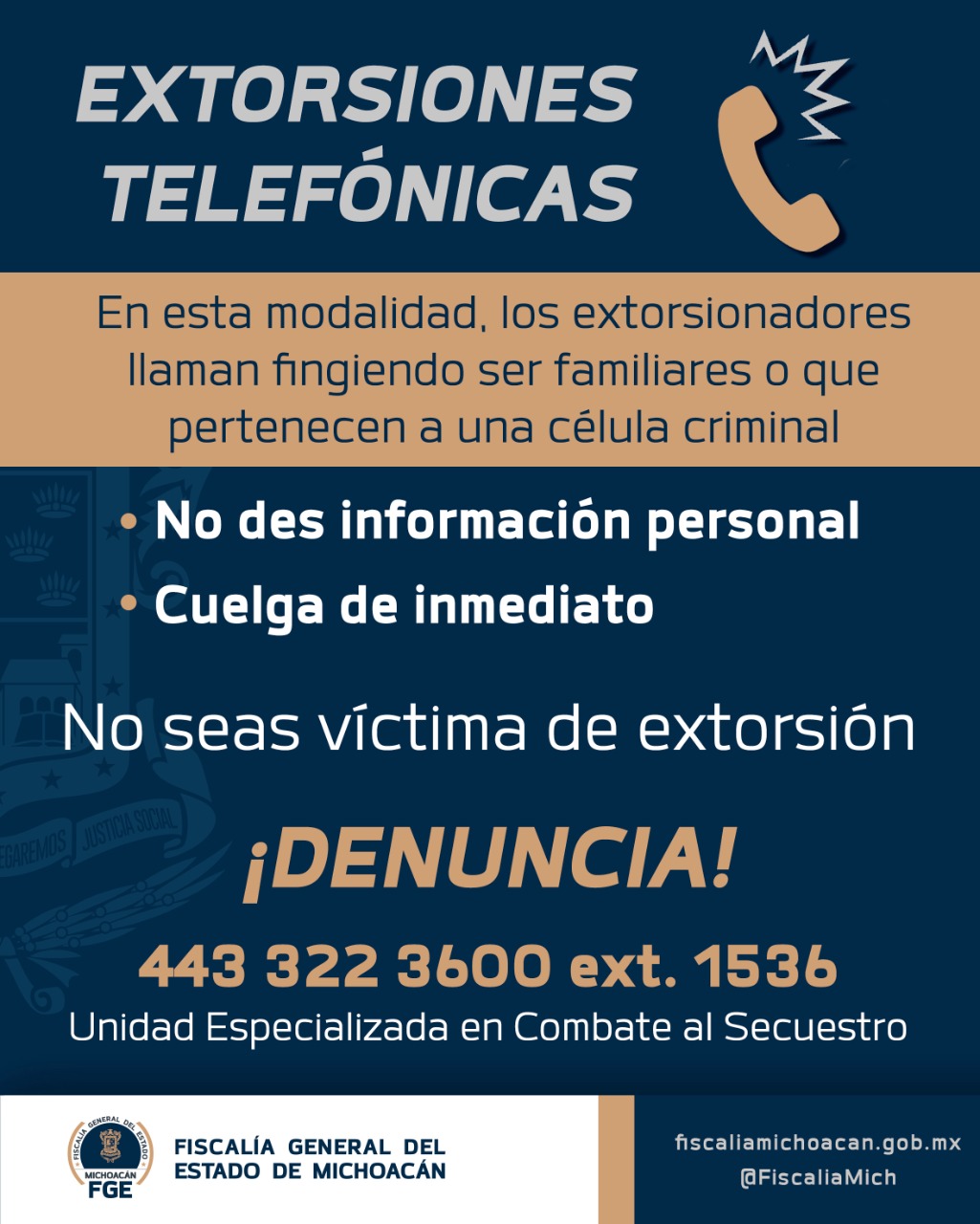  Exhorta FGE a la ciudadanía, a tomar medidas para prevenir el secuestro virtual