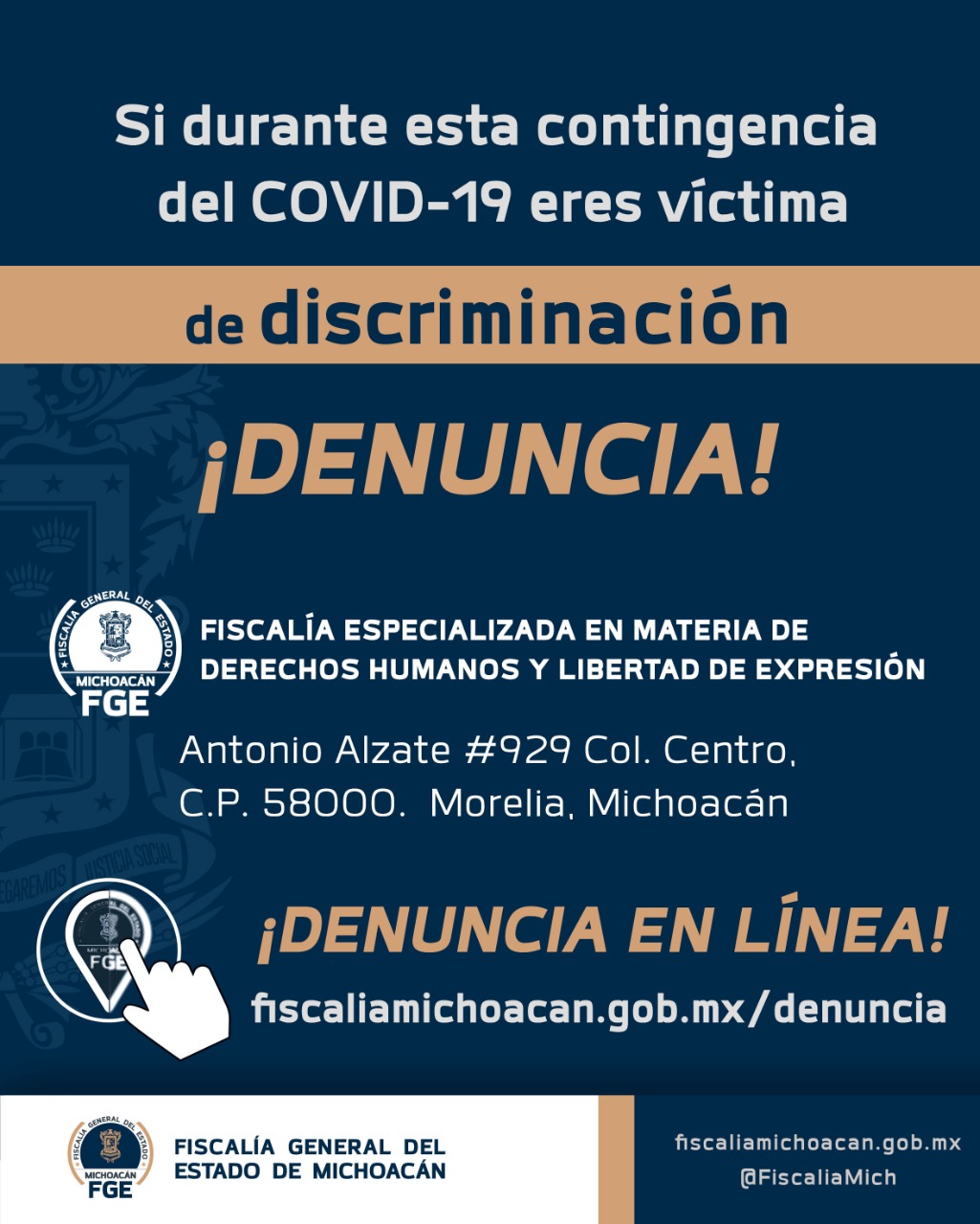  Exhorta FGE, a denunciar actos de discriminación durante contingencia sanitaria