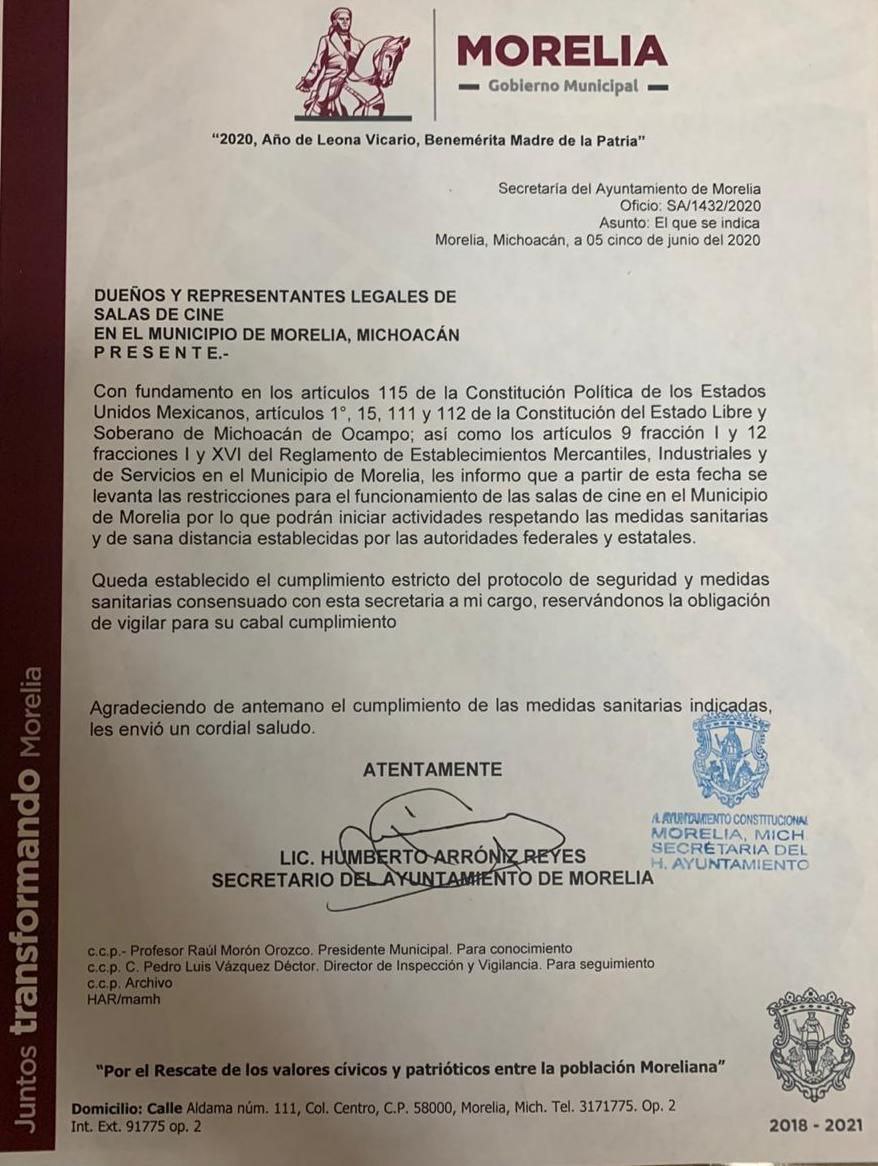 Avala Gobierno de Morelia reapertura de salas de cine