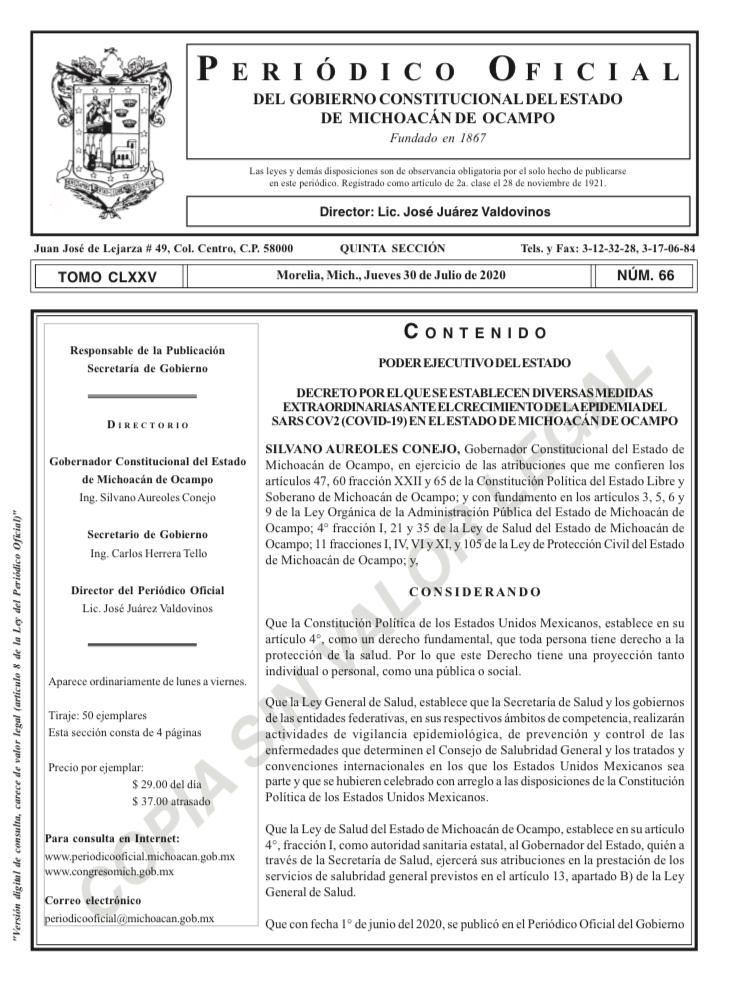  Emite Gobernador decreto para uso obligatorio de cubrebocas