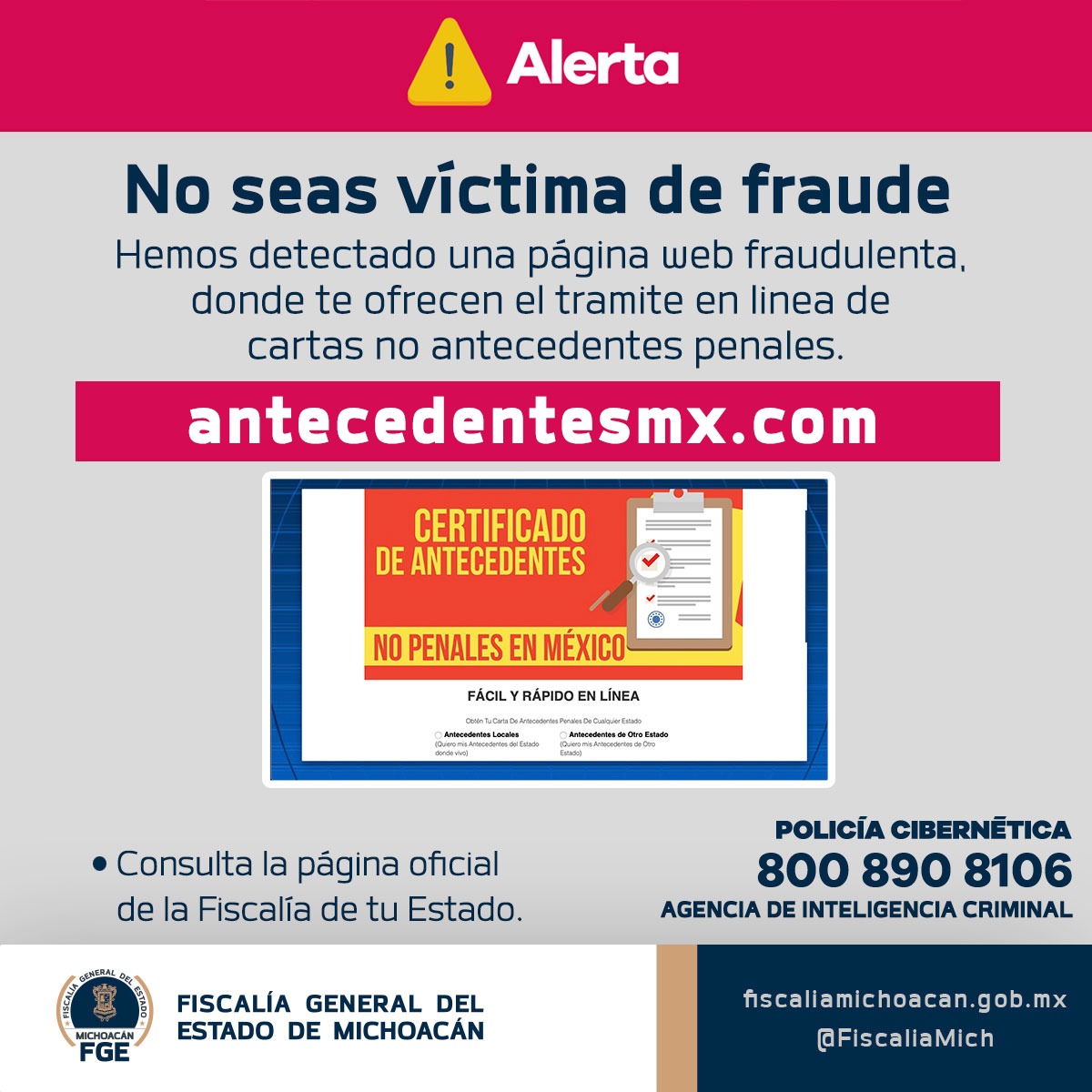  Alerta FGE sobre página falsa para tramitar Carta de No Antecedentes Penales