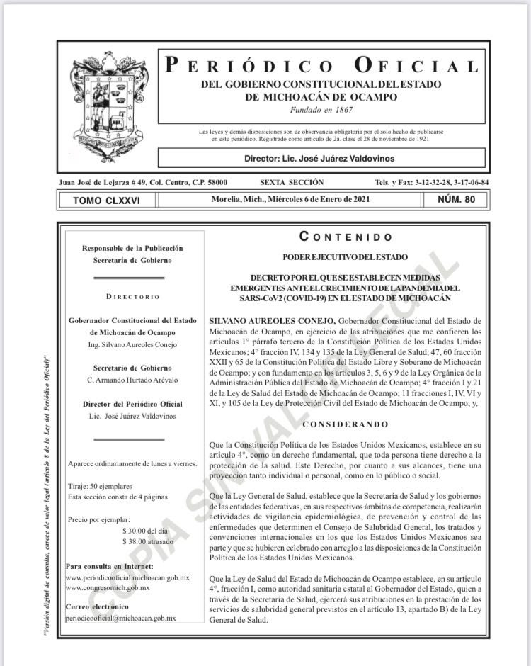  Emite Gobernador decreto sobre medidas emergentes ante crecimiento de COVID-19 en Michoacán