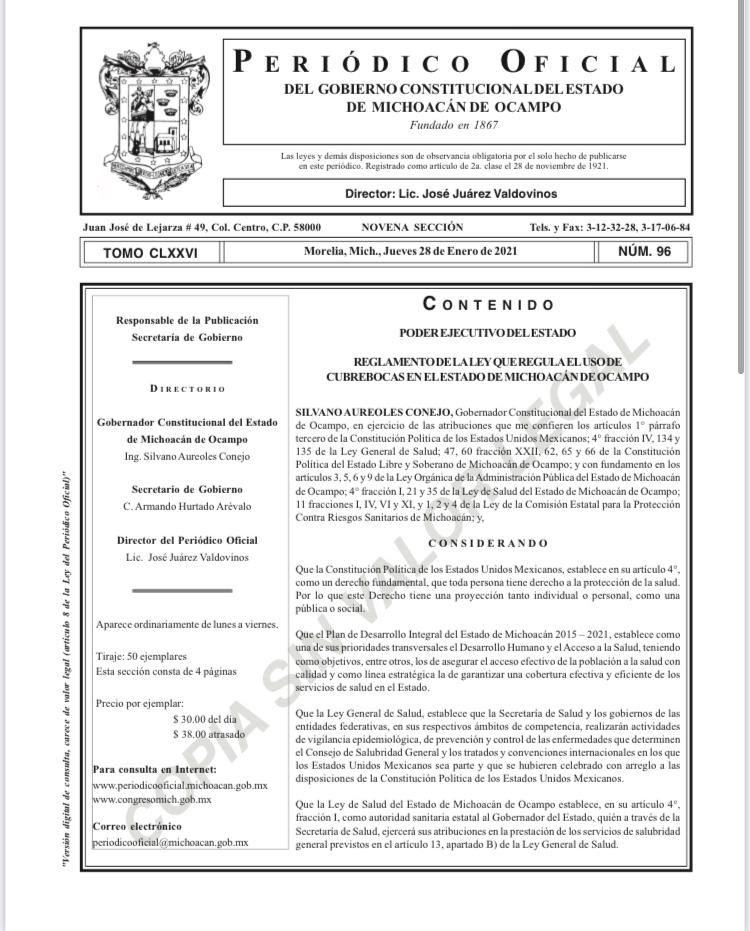  Emite Gobierno del Estado reglamento de ley que regula el uso obligatorio del cubrebocas