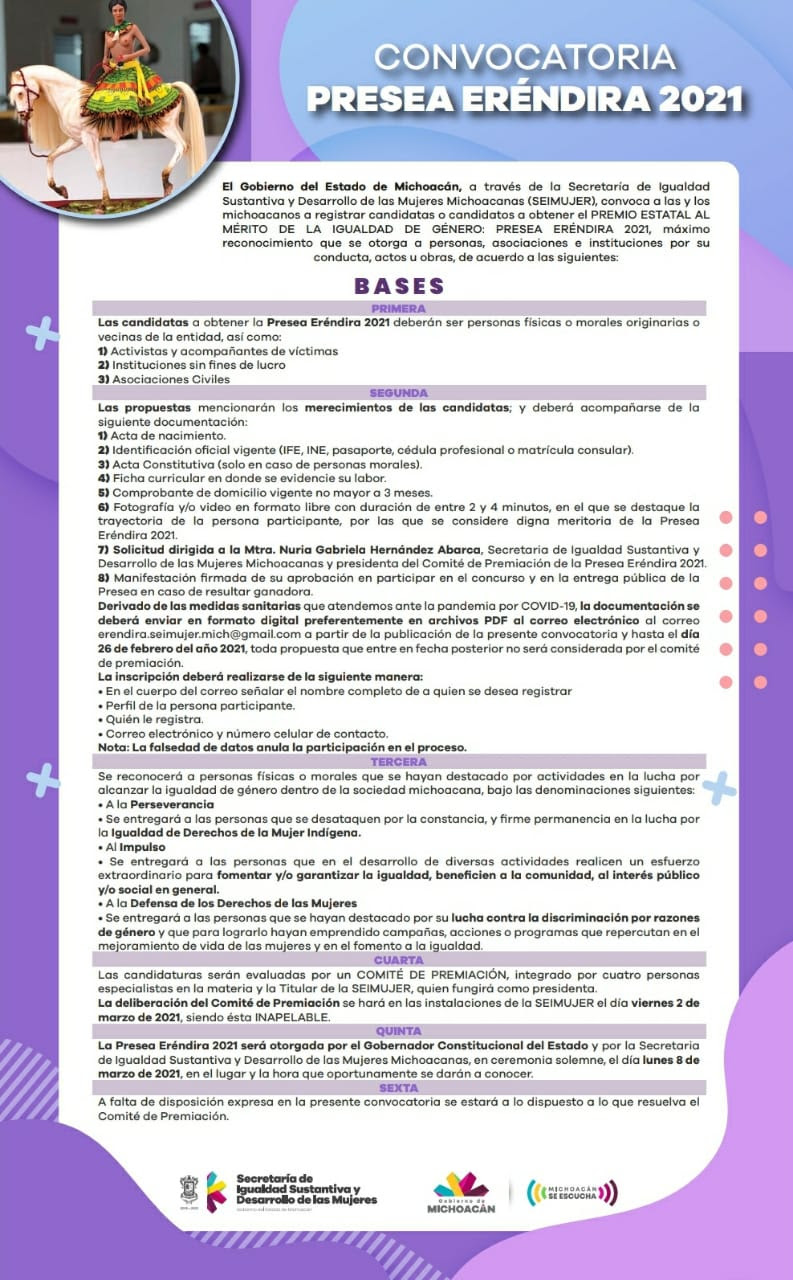  Invitan a michoacanas a inscribirse a la Presea Eréndira, premio estatal a la igualdad sustantiva