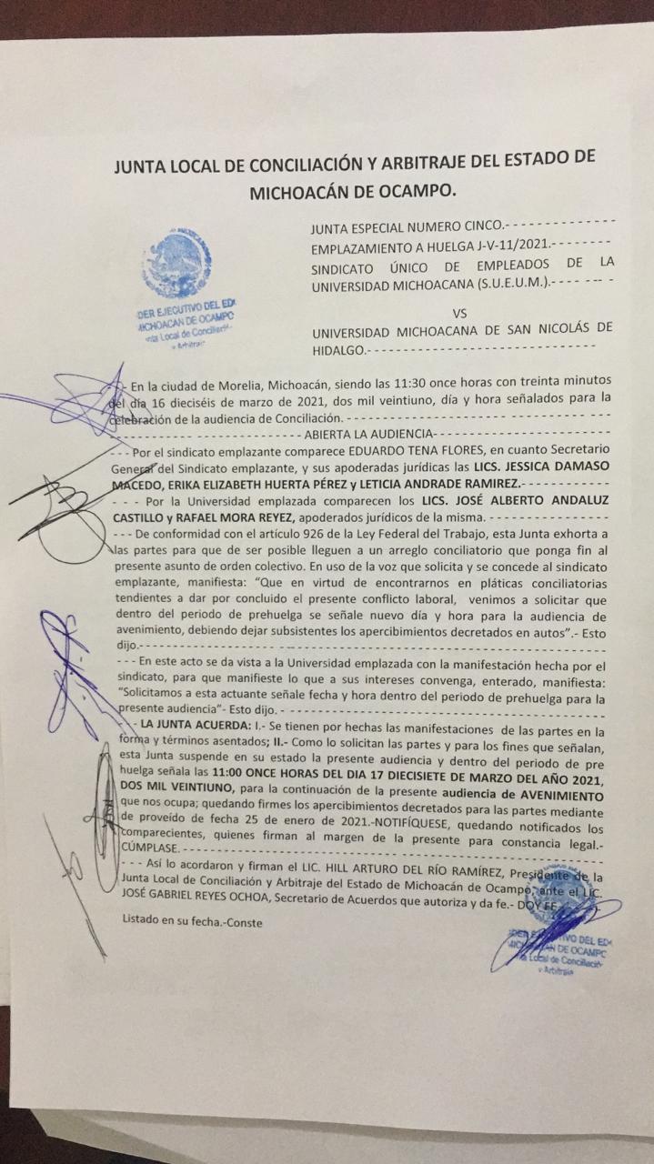  UMSNH y SUEUM sin acuerdo conciliatorio
