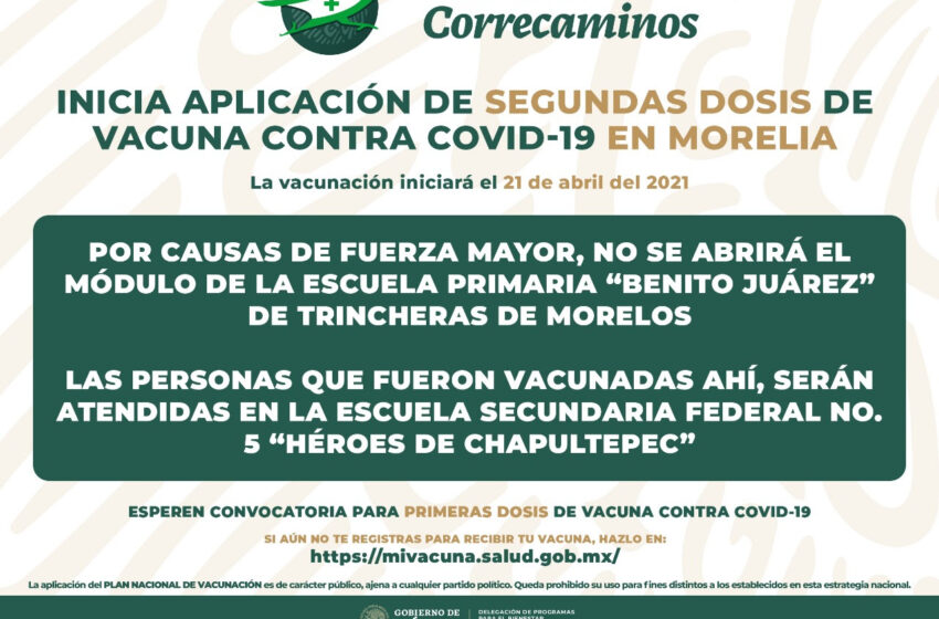 Inicia miércoles 21 de abril, aplicación de segundas dosis en Morelia