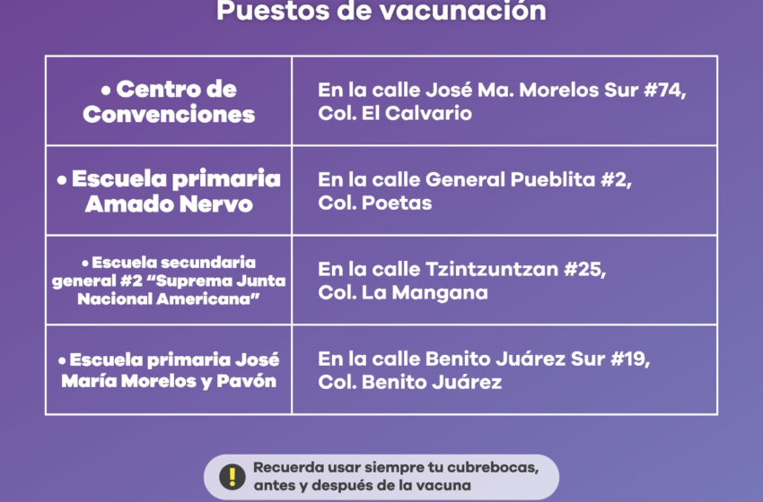 Este sábado, 4 módulos de vacunación contra COVID-19 estarán activos en Zitácuaro