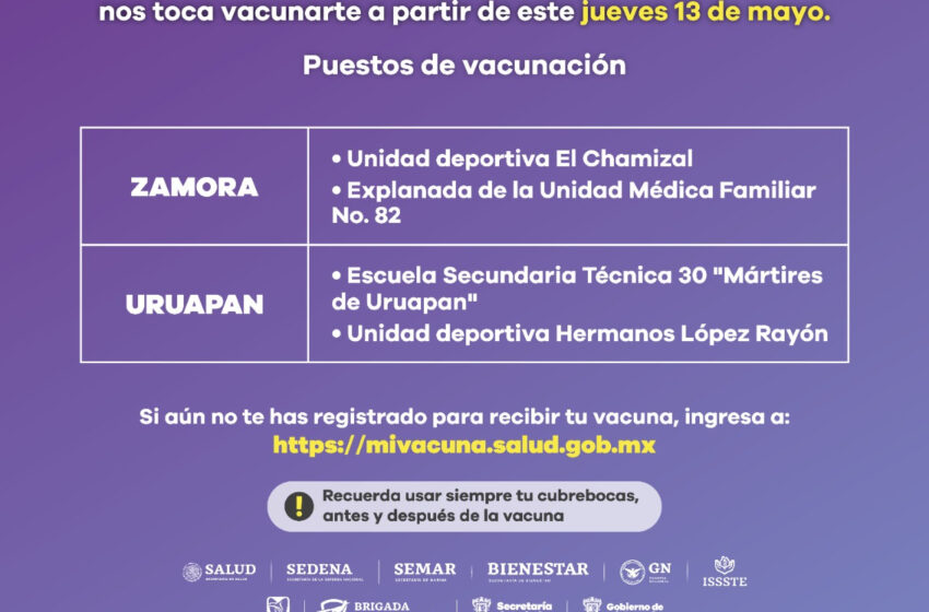  Inicia este jueves en Zamora y Uruapan vacunación a personas de 50 a 59 años