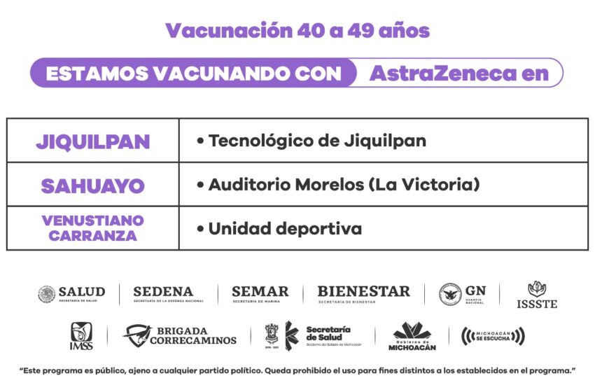  Se mantienen activos 3 puestos de vacunación anti COVID-19 para personas de 40 a 49 años