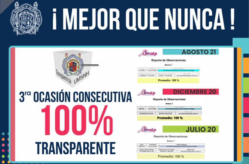  Por tercera ocasión consecutiva, UMSNH alcanza el 100 % de transparencia