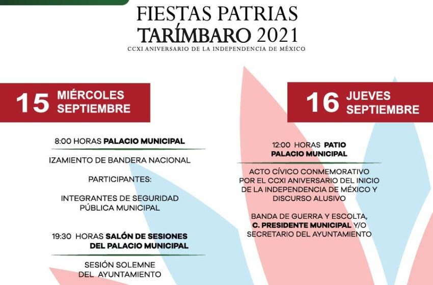  Suspendidas las celebraciones de Fiestas Patrias en Tarímbaro; actos cívicos se realizarán de manera virtual