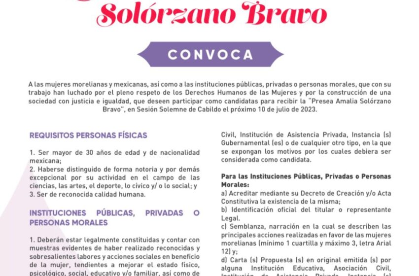  Gobierno de Morelia invita a postular mujeres o instituciones a la Presea “Amalia Solórzano”