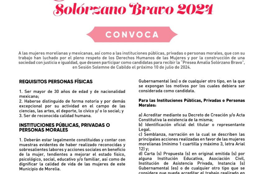  Último día para participar en la convocatoria a la Presea “Amalia Solórzano” 2024