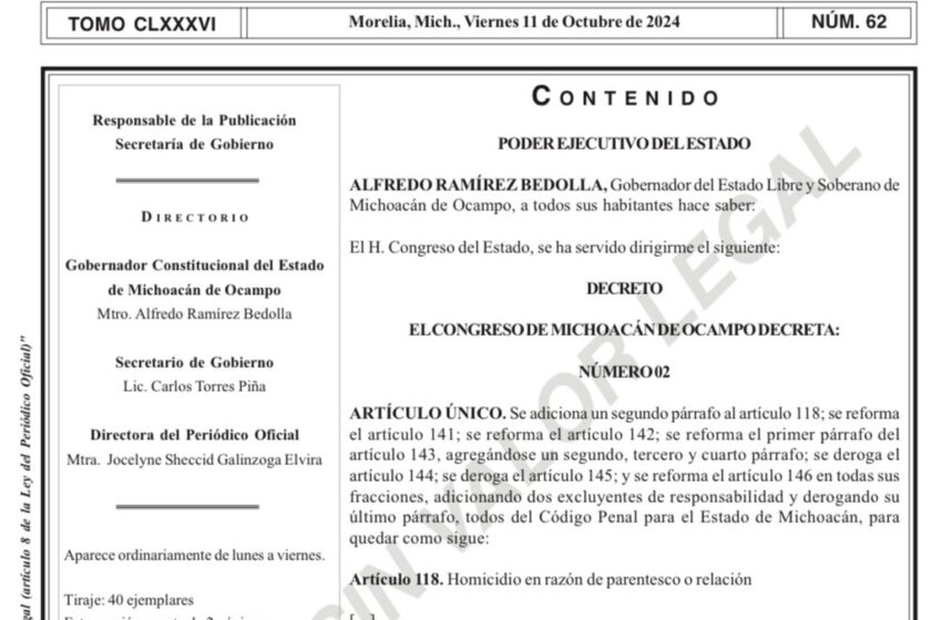  Publica Periódico Oficial el Decreto que formaliza el aborto legal en Michoacán