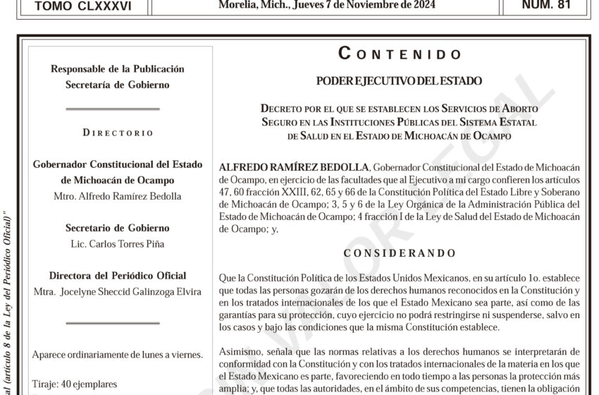  Michoacán publica decreto para el aborto seguro en el sector salud